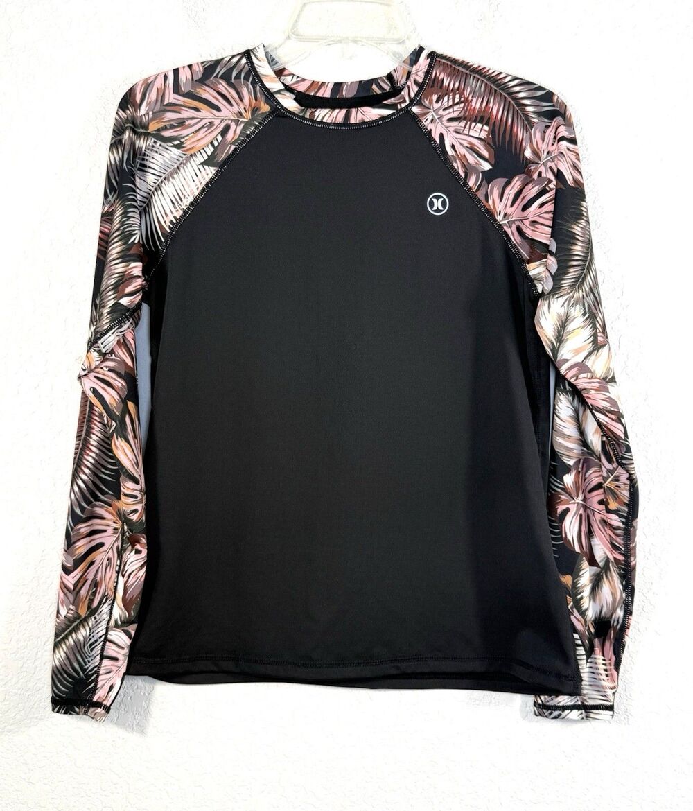 Hurley Womens M Rash Guard UPF 50 Black Pink Tropical Floral Long Sleeve Surf
